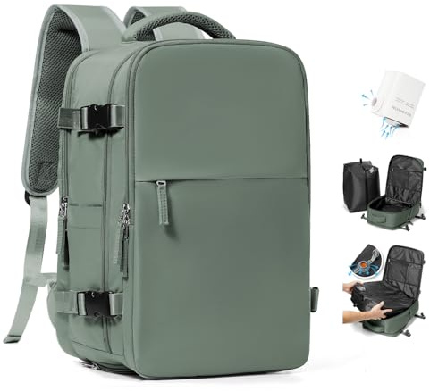 HPLQQ Sac à dos sous vide de voyage 40x30x20 avec pompe, Cabine Avion Ryanair/Wizz 40x30x20 Bagage cabine à main avec compression pour homme et femme,Sac airbag avec pompe,M-Grün