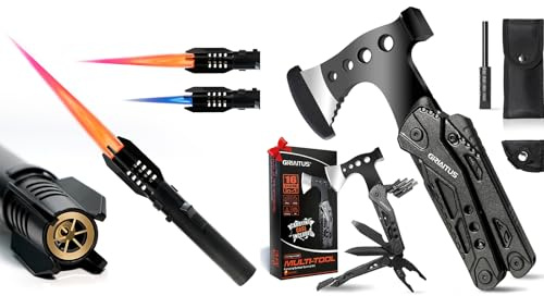 Camping Überlebensset: 16-in-1 Multitool Hammer & 20cm Sturmfeuerzeug Jetflamme – Windfestes Outdoor Werkzeug Set Geschenke für Männer, Vater, Männergeschenke