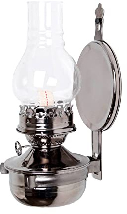 Crownplace Brands Lehman's Woodshed Wall Mount Oil Lamp, 20 Ounce Kerosene Fuel Lantern with Removable Silver Reflector, Painted Pewter Finish, Glass Material, 3/4 Inch Wick, Indoor Use