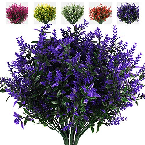 RECUTMS Artificial Plants Outdoor Fake Lavender UV Resistant Plastic Flower | 8Pcs Artificial Flowers for Outdoors Artificial Greenery Foliage for Indoor Outside Garden Home Hanging Planter Spring Decor