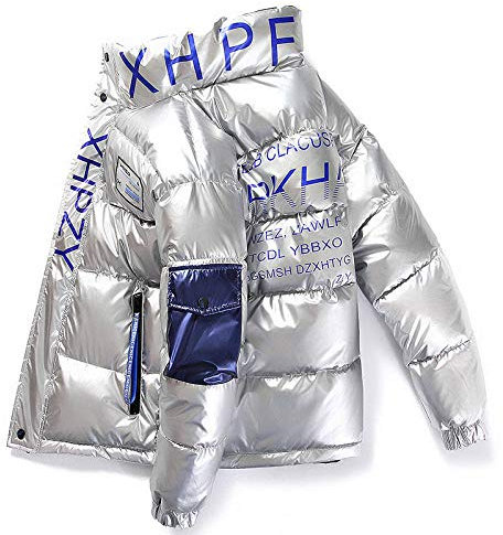 LYHY Dunjacka för män, glänsande vinterjacka för män, ledig, tjock, varm, stående krage, parkas, ytterkläder, vattentät, varm, silver, kappa, huva, Nfor ytterkläder, vindtät, resor, utomhus, vandring