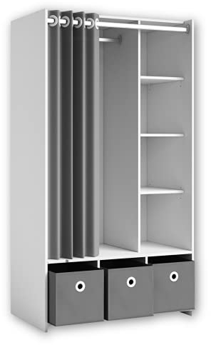 Stella Trading JENKE Kleiderschrank Weiß mit 3 Aufbewahrungsboxen & Stoffvorhang - Vielseitiger Allzweckschrank mit cleverer Inneneinteilung - 100 x 180 x 50 cm (B/H/T)