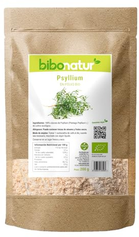 Bibonatur Psyllium en Polvo Eco 200gr – Fuente Natural de Fibra - Superalimento Antioxidante – Apto para Veganos – Producción Ecológica