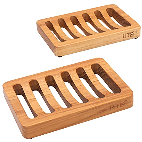 HTB, Saponiera Portasapone Scanalato in Legno di Teak, Porta Spugna da Cucina, Portasapone Autodrenante per Doccia, Lavandino, Bagno, Vasca da Bagno, Camper