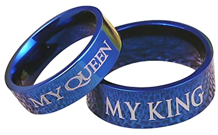 Aotiwe Geschenk Personalisiert Freundin, Verlobungsring Damen Blau Band mit Gravur MY QUEEN and MY KING Edelstahl Blau W 54 &M 70