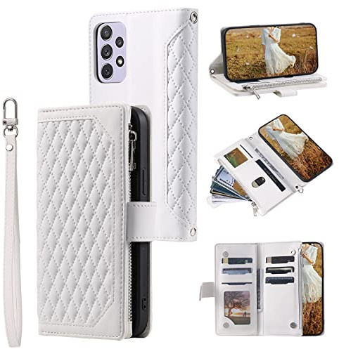 QLTYPRI Handyhülle für Samsung Galaxy A53 5G, Gesteppte Leder Hülle Wallet Case mit Handschlaufe für Frauen Kartenhalter Reißverschluss Brieftasche Handytasche Schutzhülle - Weiß