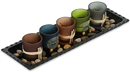 Relaxdays Teelichthalter Set mit Tablett & Steinen, 38,5 cm lang, Tischdeko Wohnzimmer, Esszimmer, Kerzengläser, bunt