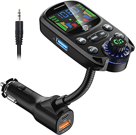 Bluetooth 5.3 FM Transmitter für Auto, SOARUN Bluetooth Adapter Auto QC3.0 & PD3.0 30W Dual USB Ladegerät, Kfz Radio Auto Freisprechanlage mit Höhen und Bass, Unterstützung U Disk/TF Karte/AUX