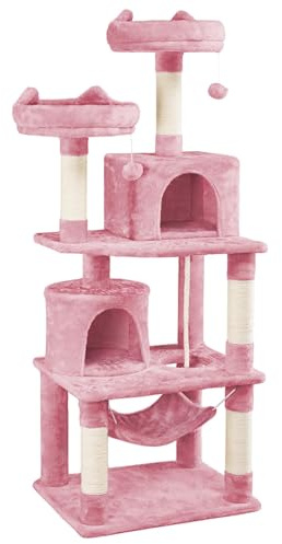 Abician Arbre à Chat Multiniveau 158 cm, Poteaux en Sisal, Rose | 2 Perchoirs, 2 Niches, Hamac et Boule Jouet. Tour d’escalade Multifonction, Zones de Repos et de Jeu Idéales