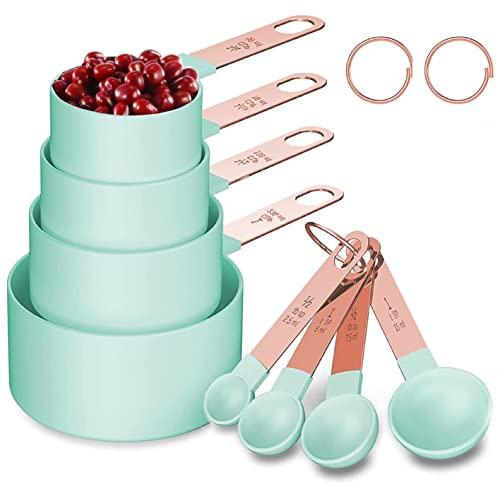 Rose Gold Stainless Steel Handle Measuring Cups and Spoons Set, 8 Piece Stackable Accurate Tablespoon for Measuring Dry and Liquid Ingredients Small Teaspoon with Plastic Head (Green)