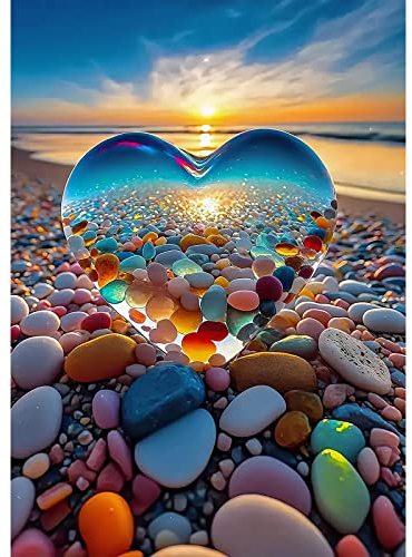QENSPE 5D Diamond Painting Kristall Herz Diamant Painting Bilder Strand Sonnenuntergang Diamond Art Erwachsene Full DIY Diamant Kunst Malerei Stickerei Set Kreuzstich Bilder Home Wand Dekor 30x40cm