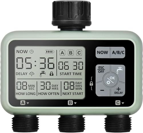 3 Way Watering Timer, Programmable Garden Water Timer with Rain Delay, Garden Watering Timer, Automatic and Manual Watering Modes for Garden, Lawn, Patio, Farm