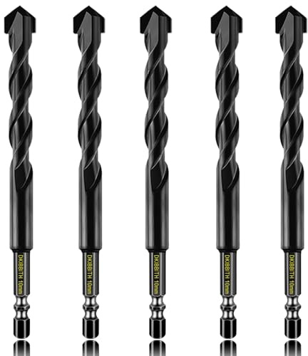 5 Pcs 10mm Masonry Drill Bits Set, Carbide Concrete Drill Bits for Brick, Stone, Concrete, Tile, Ceramic, Porcelain, Glass, Plastic, Wood and More, Quick Change 6mm Hex Shank, with Sturdy Case