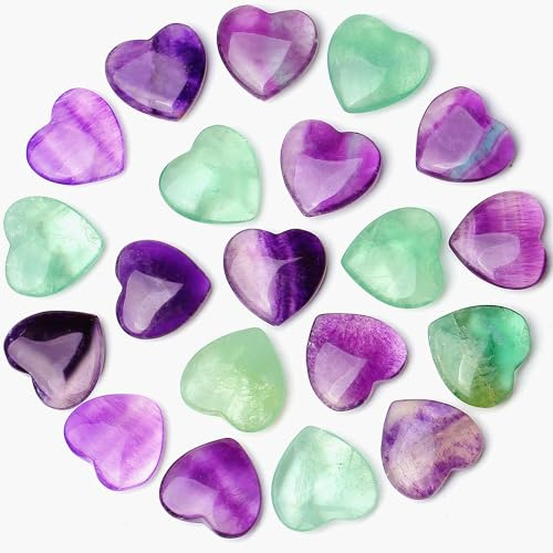 QINJIEJIE 20 Stück Herz Steine Heilung Kristalle Natürliche Fluorit Edelsteine Liebe Herz Stein Set Glückssteine Daumen Edelsteine für Chakra Reiki Meditation