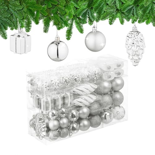Relaxdays Weihnachtskugeln 72er Set, glitzernde, Matte & glänzende Baumkugeln, Stiefel, Herz & Zapfen, Kunststoff, Farbe