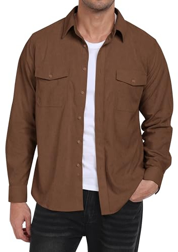 MoFiz Camisa de Pana Hombre Cálida Camisa Chaqueta Casual de Manga Larga Abotonada Suave Otoño Invierno Shirt con Bolsillos Solapa Marrón EU 4XL