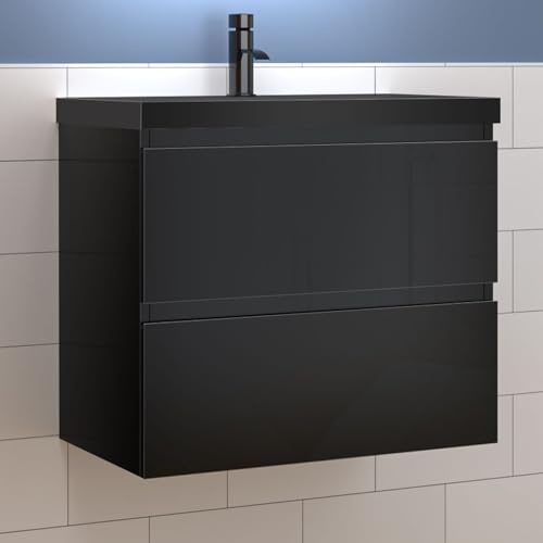 Aica Sanitär Waschtisch mit Unterschrank 60cm Alast Badmöbel Set Hochglanz Schwarz Waschbecken mit Unterschrank MDF Softclose