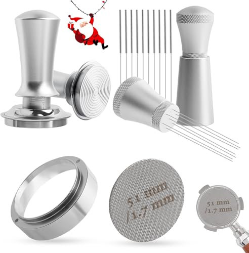 Coffee Tamper 51mm, Espresso Tamper Set with WDT Tool, 51mm Dosing Funnel, Puck Screen 51mm, Spring-Loaded Tamper Flat Stainless Steel Base Compatible with Espresso Coffee Machine