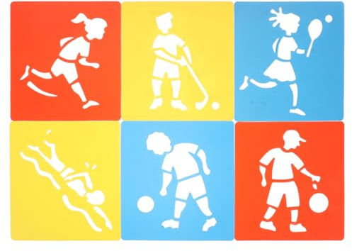VILLCASE Kinder Schablonen Set Sport 6 Stück 5.91X5.51In Waschbare Malvorlagen Für Fußball Basketball Schwimmen Kreative Zeichenschablonen Für Schulprojekte Freizeit