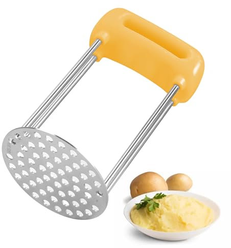 VirtuGro Machacador de Patatas Aplastador de Patatas Prensa Patatas de Mango Ergonómico Potato Masher Acero Inoxidable Apto para el Lavavajillas Para Puré de Patatas Frutas y Vegetales (Amarillo)