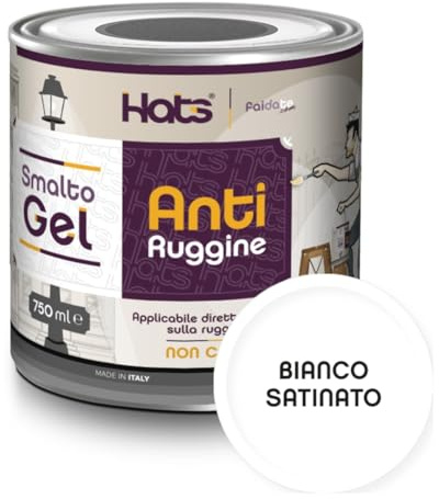 Hats - Vernice Antiruggine per ferro - Smalto Gel Antiruggine Pronto all’uso - Non Cola, Non Gocciola - Adatto per Metallo e Legno - Made in Italy (Bianco Satinato)