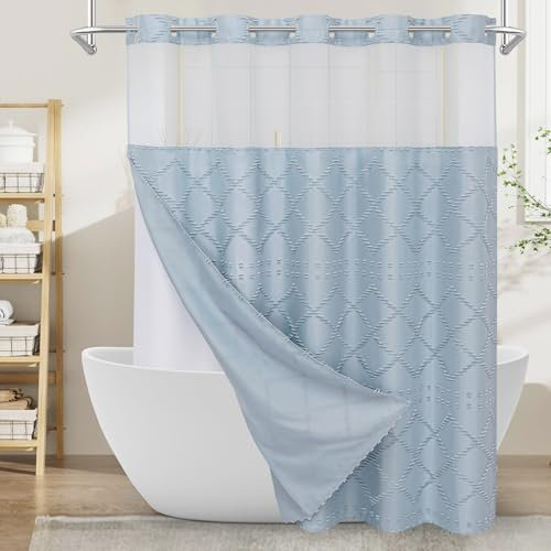 Craidlela Boho FogBlue Woven Fabric Shower Curtain with 72 x 80 Modern Farmhouse, No Hooks Tufted Chevron Striped Shabby Chic Textured, Minimalist Cloth Curtain for Bathroom, Hotel Decor
