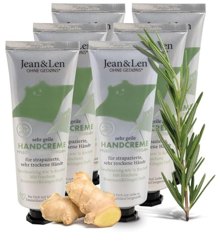Jean & Len Riktigt skön handkräm Rosemary & Ginger, vegan, 6 x 75 ml | Med urea, handvård för torra & spruckna händer, återfuktar & vårdar intensivt, utan parabener & silikoner