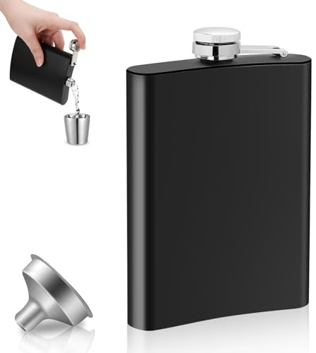 Flachmann Edelstahl Flachmänner mit Trichter Whisky Hip Flask 8oz / 230 ml Flask Set für Männer Frauen Geschenk Hochwertig Taschenflasche Schwarz Kleiner Flachmann für Wandern Klettern Camping