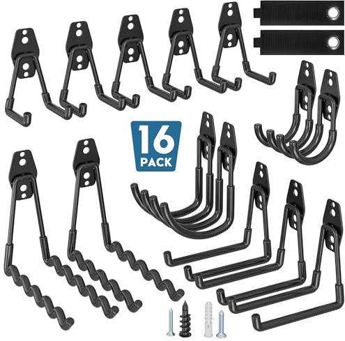 BONTEC 16 Pack Garage Hooks, Heavy Duty U, J and Wave Types, Wall Organiser | Black steel, supports 439 kg on wood or brick, 188 kg on plasterboard, for bikes, ladders, garden tools, sheds, workshop gear