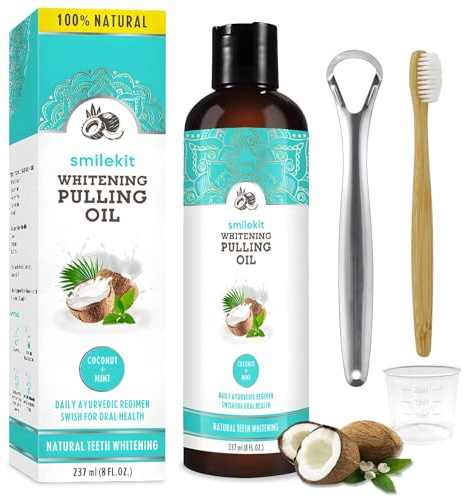 Huile de Coco Naturel Bain de Bouche à l'huile Blanchissante Contient de l'huile de Noix de Coco et de Menthe Poivrée avec Gratte Langue et Brosse à dents en Bambou pour Blanchiment Dentaire