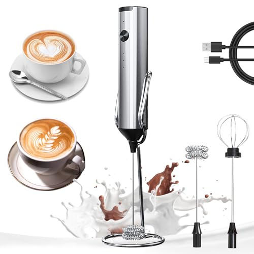 YARRAMATE Edelstahl Akku Handheld Milchaufschäumer Mit Ständer – Elektrischer 3-Gang Rührstab Mit 2 Edelstahl Besen, Getränke Mixer Für Kaffee, Lattes, Protein Shakes, Matcha, Ei
