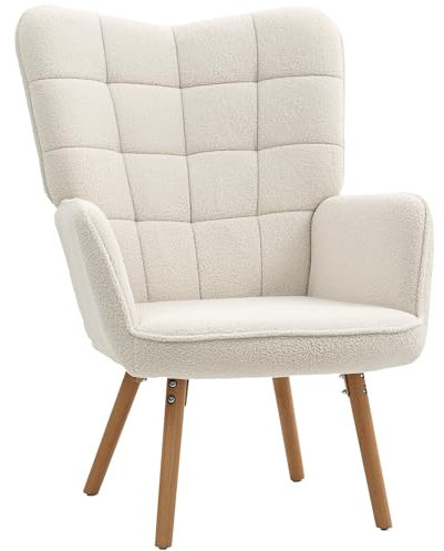 HOMCOM Modern Accent Chair, Upholstered Tufted Wingback Armchair with Seat Padding, Teddy Fleece Leisure Lounge Bedroom Chair with Wood Legs, Cream White