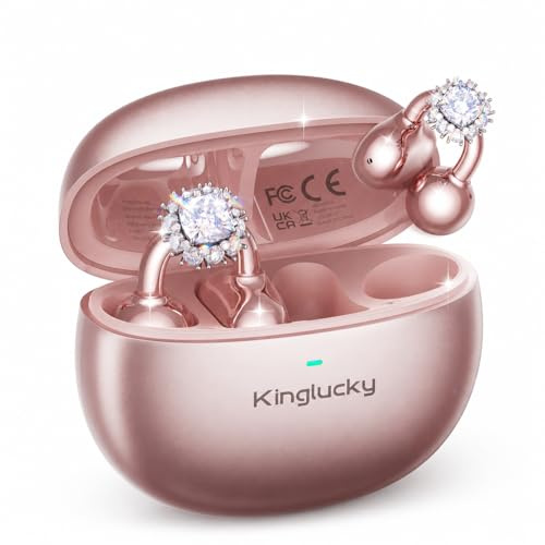 Kinglucky Stilvolle offene Ohr-Clip-On-Kopfhörer mit abnehmbaren Diamant Ohrringen, leichte und Bequeme Passform, modische offene Ohrpolster für Frauen, ideal für Arbeit, Laufen und Alltag, Roségold