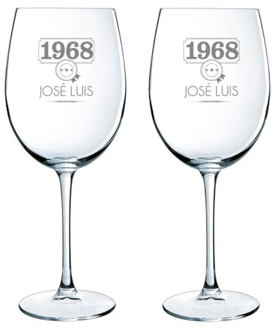 CALLE DEL REGALO Copas de vino personalizadas | Copas de vino de cristal de 58 cl | Pack de dos copas de vino de cristal personalizadas con nombre y año de nacimiento | (AÑO NACIMIENTO, 2 COPAS)
