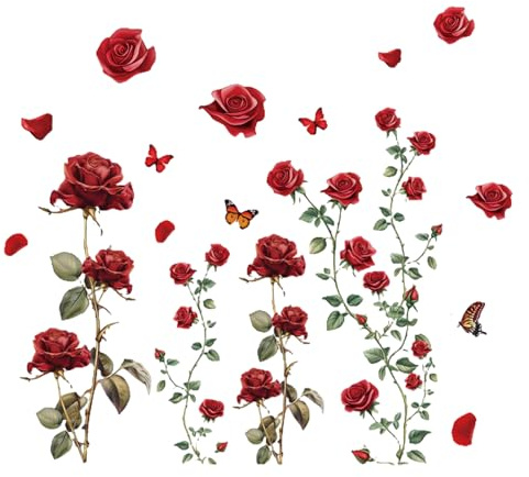 Vinilos Decorativos de Flores Rojo Rosa, Pegatinas de Pared de Rosas Rojas de Mariposa con Flores, Extraíbles Arte de la Pared Decoración para el Hogar, Mural de vinilos de Pared Decorativos, 67x67cm