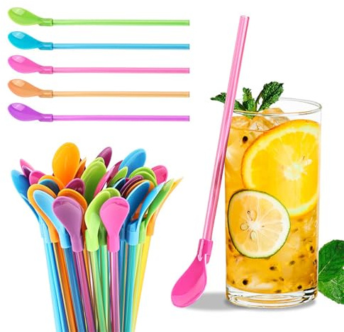 30 Pcs Slush Straws with Spoon,Plastic Straws for Slush Colored 2-in-1 Reusable Straws BPA-Free, Durable Drinking Straw for Smoothies, Milkshakes, Cocktails, and More Plastic Spoons Reusable