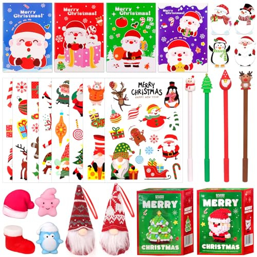 HOWAF Adventskalender Füllung Kinder, 28 Stück Kleine Geschenke für Adventskalender kleinigkeiten Kinder Inhalte Squishies Spielzeug Weihnachtssticker Kugelschreiber Haftnotizen Klein Notizblock