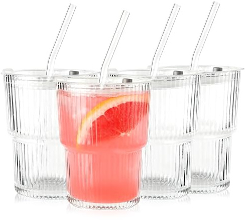 Henrrida Pack of 4 400 ml Glass Cups with Lids and Straws,Belt Glasses Straws,Glass Coffee Travel Mug,Vertical Stripes Iced Coffee Glasses,Suitable for Hot and Cold Drinks