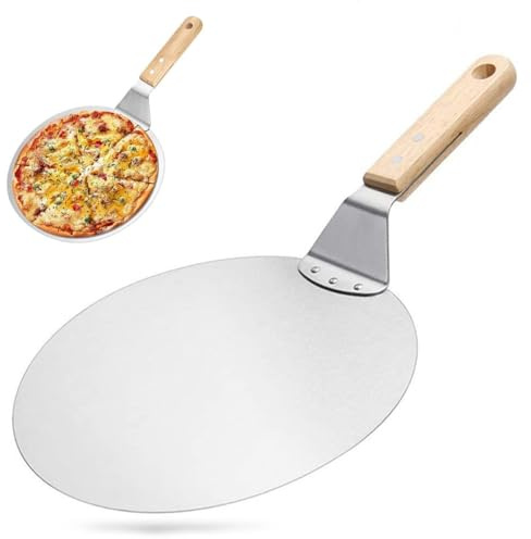 Pizzaschieber mit Holzgriff, Pizzaschaufel Edelstahl, 10 Zoll Pizza Schieber, Runder Pizzaschieber zum Backen, Pizza Peel Pizzakruste für Pizza, Kuchen, Brot, Torten