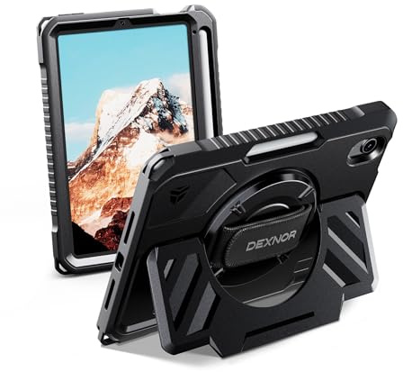Dexnor Case for iPad mini 7 (A17 Pro) 2024/mini 6 2021 8.3 inch, Rugged Shockproof Protective Cover Bumper Case with 360° Rotatable Hand Strap & Kickstand & Screen Protector & S Pen Holde,Black