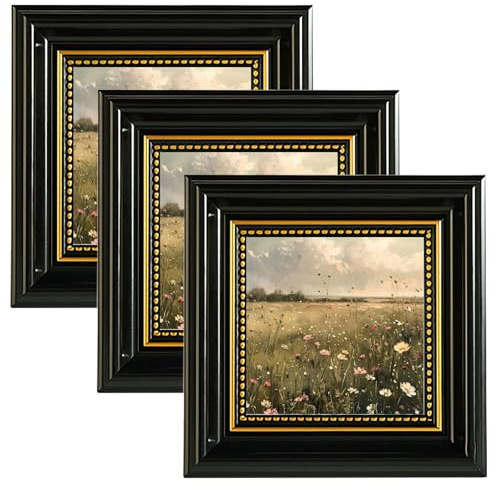 twirush 3 Stück Bilderrahmen Vintage Set, 10x10 cm Bilderrahmen Retro Quadrat, Fotorahmen zum Aufstellen und Aufhängen, Fotorahmen Schwarz für Wohnzimmer, Schlafzimmer, Büro Galerie