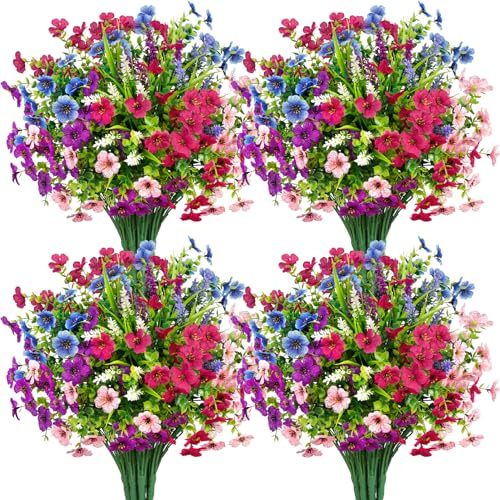 BlueCloudy 14 Bündel Kunstblumen wie Echt, Seidenblumen Künstliche Blumen Balkonpflanzen Kunstpflanze Outdoor Wetterfest UV-beständig Plastikblumen Frühling Blumenstrauß für Balkonkasten Draußen Innen