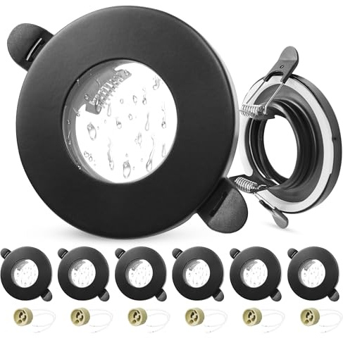 Laiebri 6er Set GU10 Einbaurahmen IP65 Wasserdicht, Einbaustrahler Metallgehäuse Rund Schwarz, Feuchtraum Einbauleuchten 55–70mm Lochmass, Bad Küche Deckenspot inkl. GU10 Fassung, Ohne Leuchtmittel