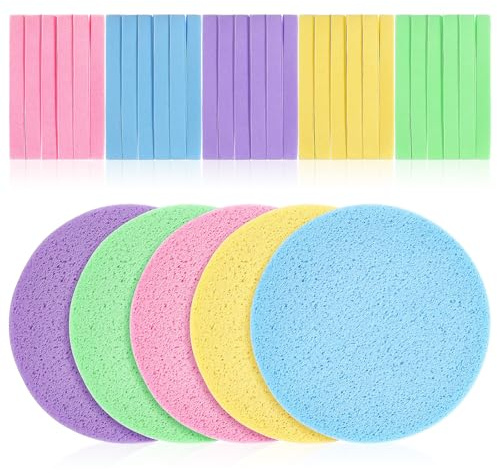 IWOWHERO Esponjas Faciales Comprimidas 120 Unidades Esponja Limpiadora y para Lavarse la Cara Multicolor Rosa Amarillo Azul Morado Verde Prácticas para Limpieza y Viajes