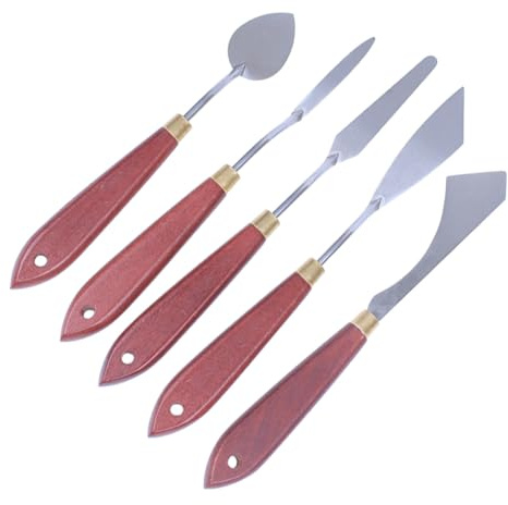 DRESSOOS Set di Spatole per Pittura a Olio con Manico in Legno Spatola per Miscelare i Colori in Acciaio Inox Raschietto per Vernice Strumenti Portatili per Artisti e Pittori 5 Pezzi