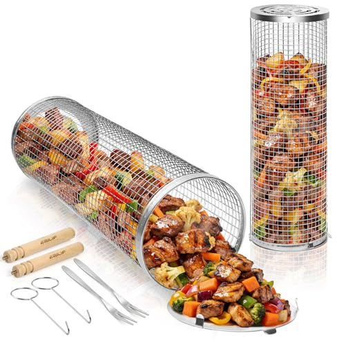 Ezilif 2PCS Rolling Grill Baskets, 304 Stainless Steel BBQ Accessories with Removable Wooden Handle & Nesting Net, Outdoor Grill Rack for Veggies Meat Prawns, Birthday Gifts for Men Dad Husband