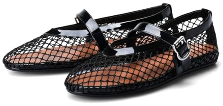 Barley Direct Mesh Ballet Flats for Women Fishnet Ballerina Flats Buckle Strap Mesh Ballet Shoes Wide Width Casual Summer Dress Flat Shoes(Black,4K-37)