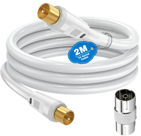 Cavo Coassiale per Antenna TV 2M da Maschio a Maschio, Cavo Satellitare Cavo TV RF Antenna coassial Cavo maschio PAL Connettori placcati oro Flylead bianco con accoppiatore