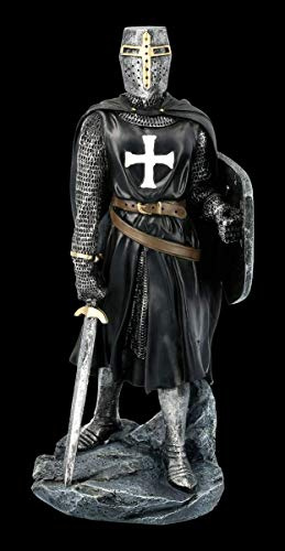 Figuren Shop GmbH Schwarze Tempelritter Figur mit Schild und Schwert | Templer, Deko-Figur, Deko-Artikel, Statue, Skulptur, Mittelalter-Figur, H 30 cm