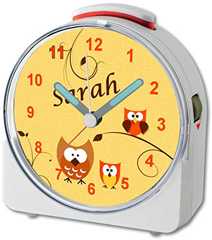 CreaDesign, WU-71-1007-16, Eule Orange, analog Kinderwecker weiß, Funkwecker mit Sweep-Uhrwerk und fluoreszierenden Zeiger und Licht, personlisiert mit Namen, 10,2 x 4,6 x 11 cm